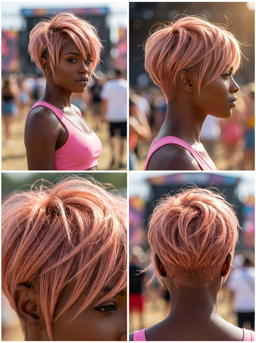 short pixie haircut in rose gold with undercut, piecey layers for festival