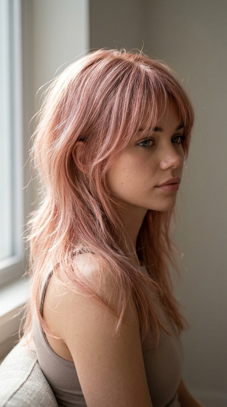 shoulder-length rose gold mullet with curtain bangs, soft waves, root smudge — romantic whimsical