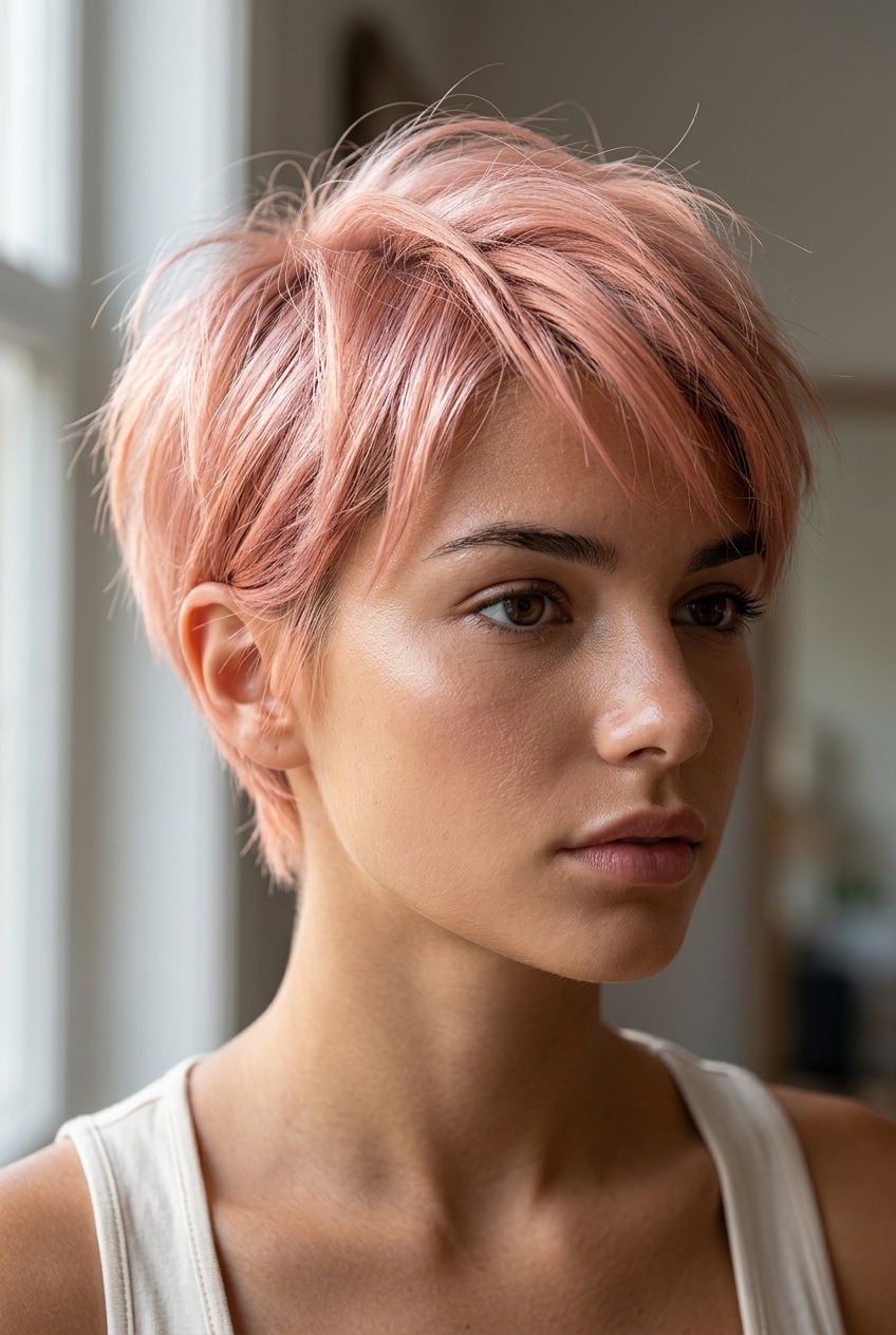 very short pixie haircut in rose gold shimmer with peach undertones, point-cut layers and feathery micro-fringe for a whimsical look