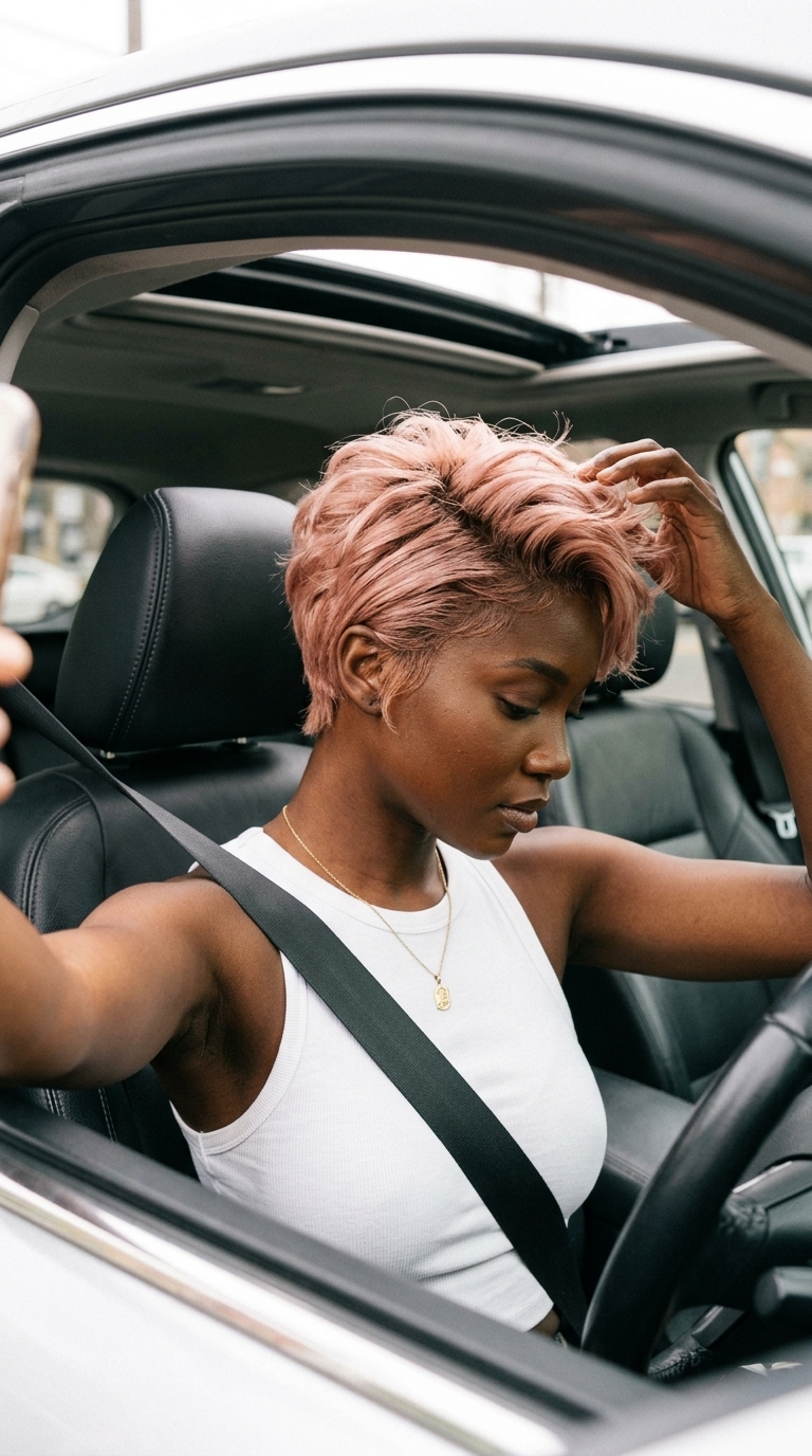 very short textured pixie haircut in rose gold with metallic sheen, flicked-out layers and tapered sides for a playful look