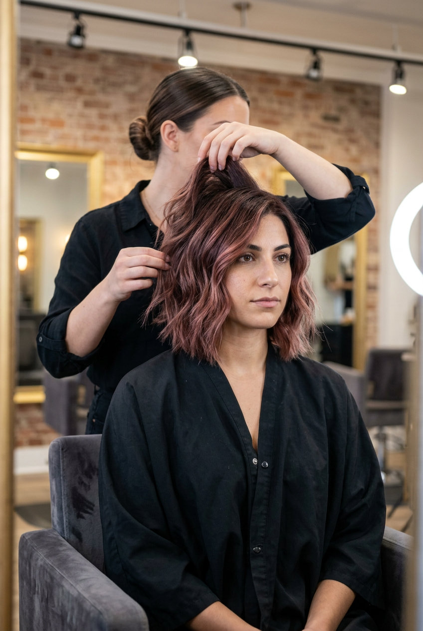 short layered cut with rosewood balayage, muted cranberry highlights, face-framing pieces — romantic date night