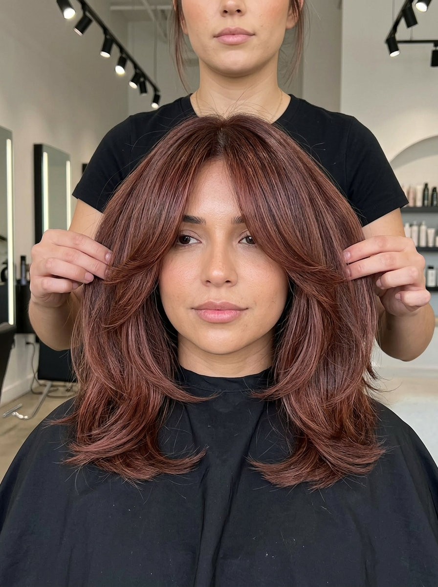 collarbone-length shag haircut in rosewood with auburn babylights, curtain bangs, feathered layers — vibrant shag 2026