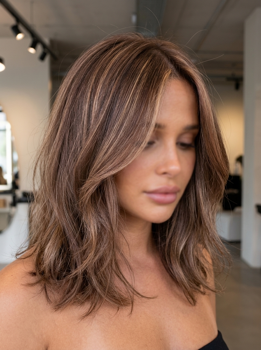 collarbone-length lob with soft layers in medium brunette with rosewood undertones and babylights, curved perimeter — playful, soft, youthful
