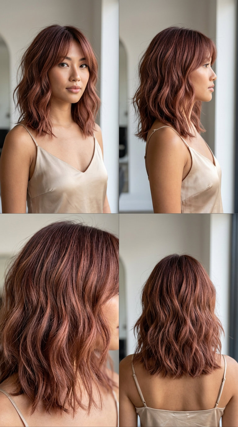 medium rosewood lob haircut with copper undertones, textured layers and face-framing fringe for date night