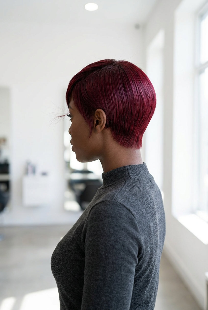 short ruby red pixie haircut with uniform color and sharp lines for professional events