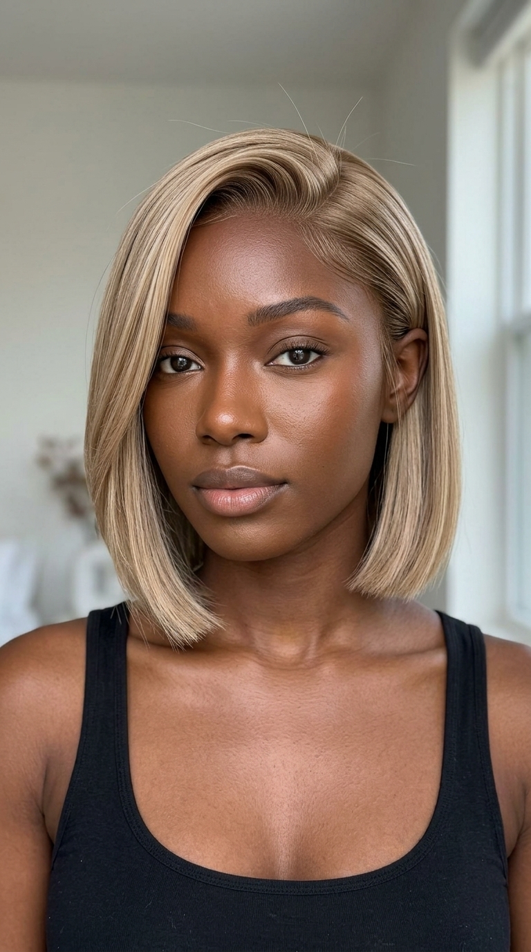 chin-length blunt bob haircut in neutral sand beige blonde, deep side part, for casual outing