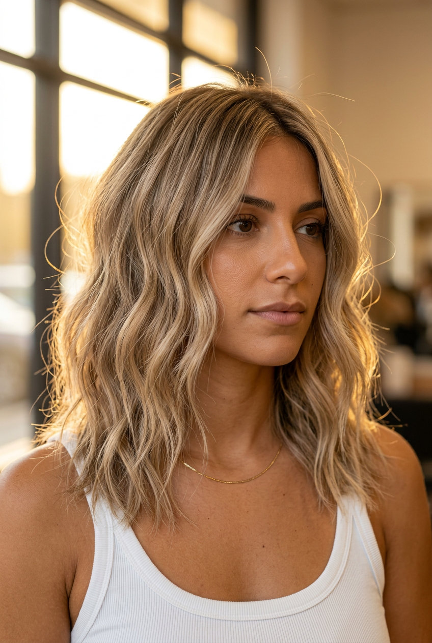 long airy layers sand blonde scattered highlights with subtle golden hints for summer