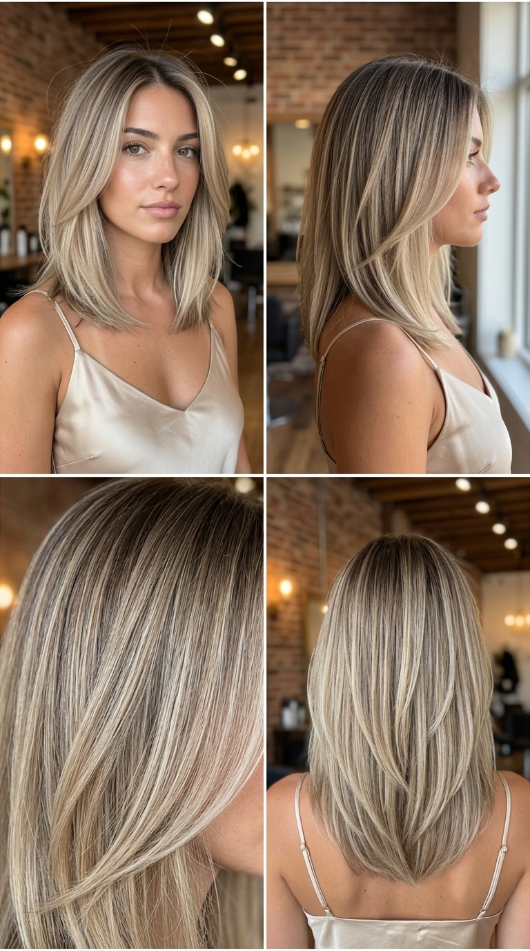 long sandstone blonde shadow root with beige undertones, root smudge, no fringe — casual