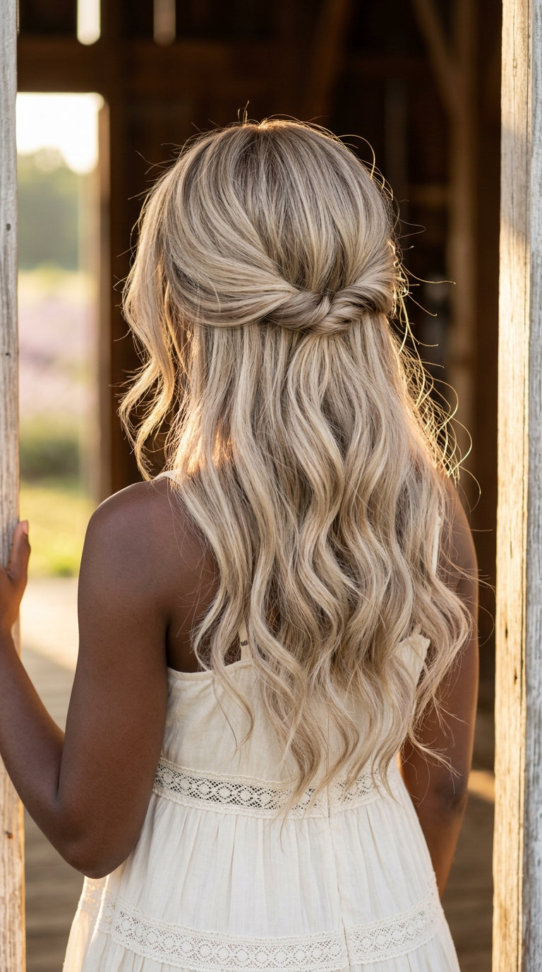 long layered cut with pale sandy blonde, taupe lowlights, face-framing layers for date night
