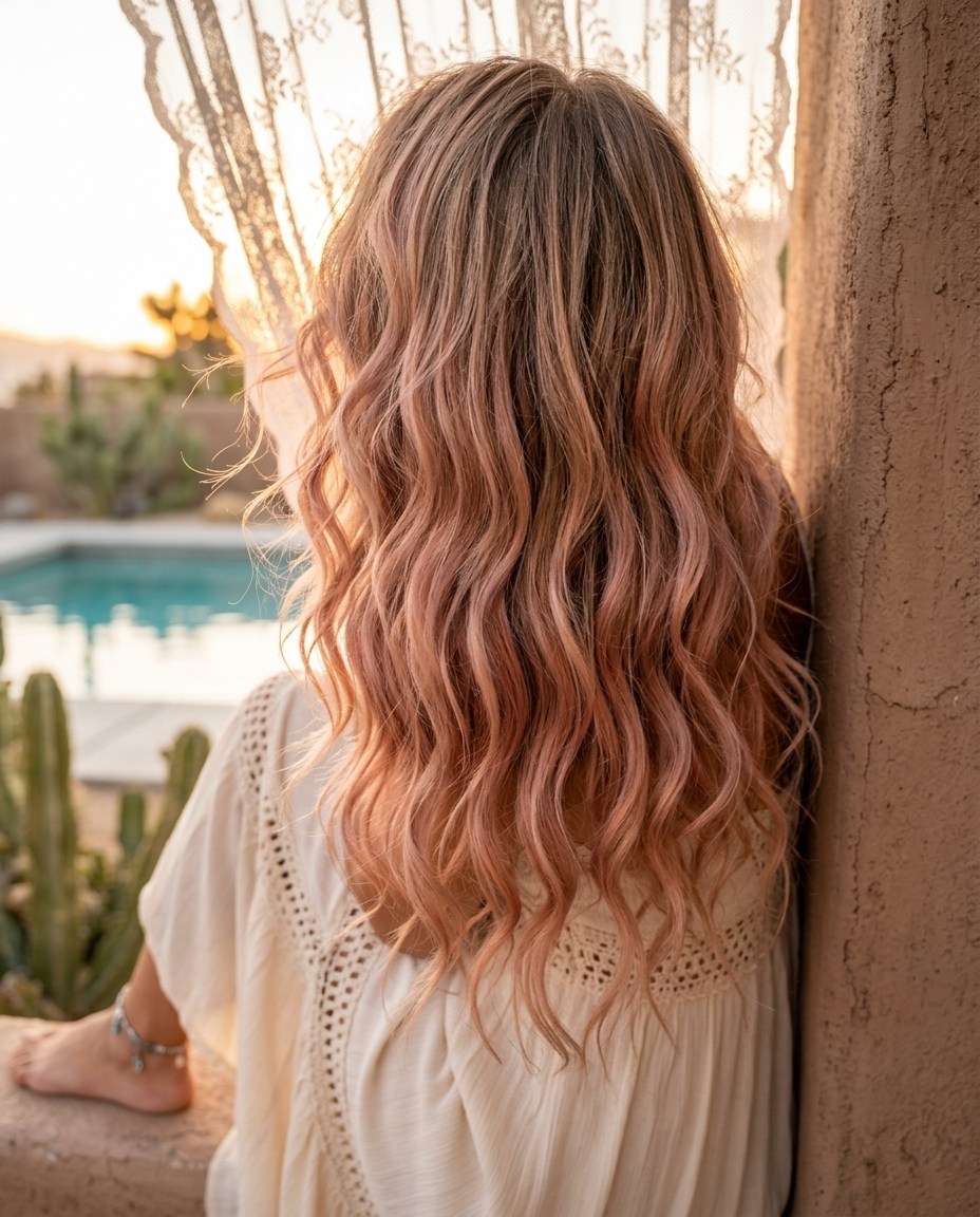 Desert Rose Ombré Hair 2026: Soft & Bohemian long flowing haircut in desert rose ombré with sandy blonde to dusty rose, soft diffused layers — bohemian beach vacation style