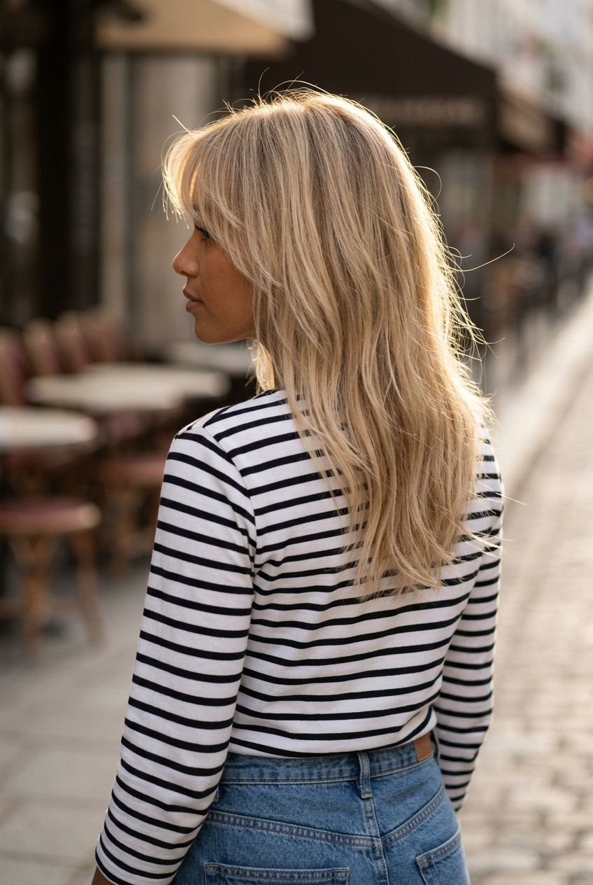 medium layered cut with pale sandy blonde, natural diffused root, Birkin bangs for weekend