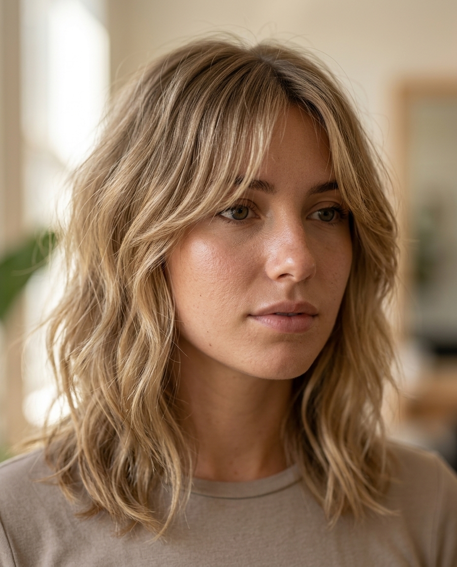 Beachy Sandy Blonde Lob Wolf Cut 2026 medium wolf cut lob in sandy blonde, babylights, soft root smudge — relaxed beachy