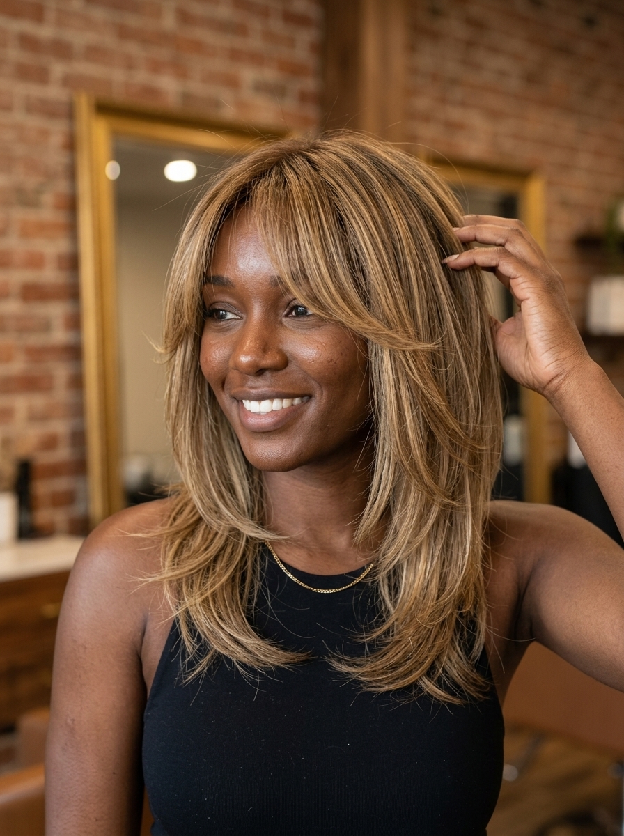 medium shag haircut in sandy blonde with golden highlights, soft root, wispy curtain bangs — playful and effortless