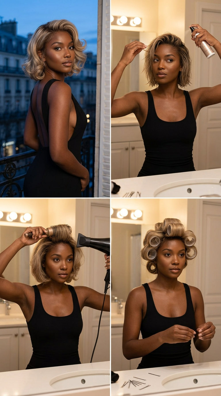 short layered bob with sandy blonde, beige babylights, and golden lowlights for summer