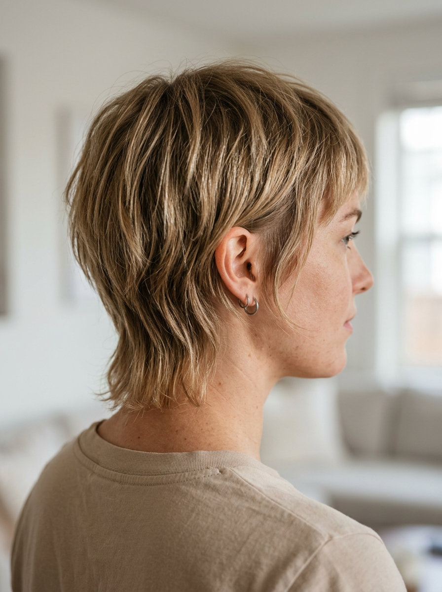short mixie with sandy blonde, beige babylights, and natural root for summer