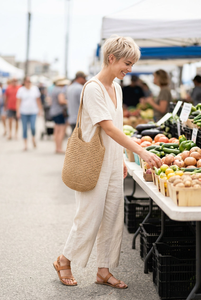Effortless Pixie 2026: Sandy Blonde Waves short wavy pixie haircut with pale sandy blonde color, choppy ends, no fringe — playful weekend outing