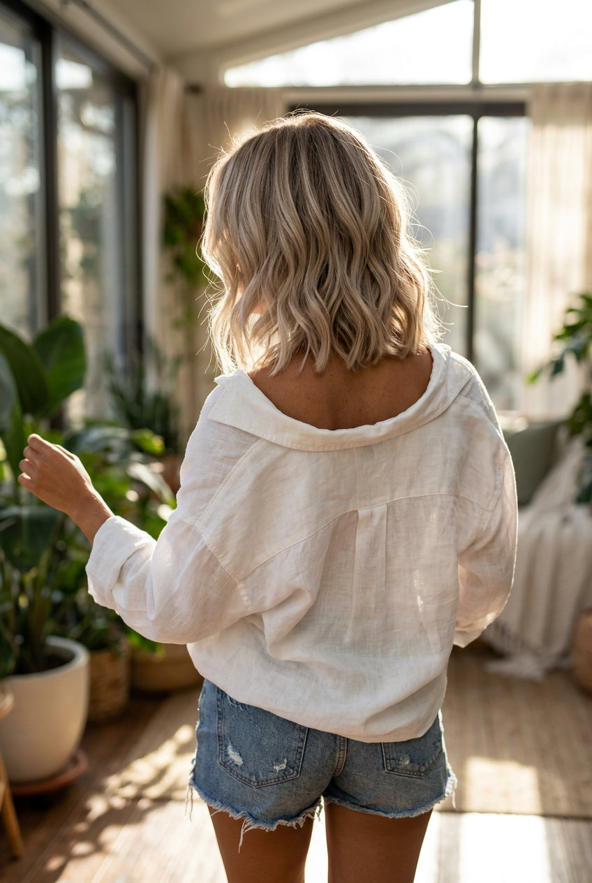shoulder-length lob with pale sandy blonde, cool taupe lowlights, no bangs for beach day