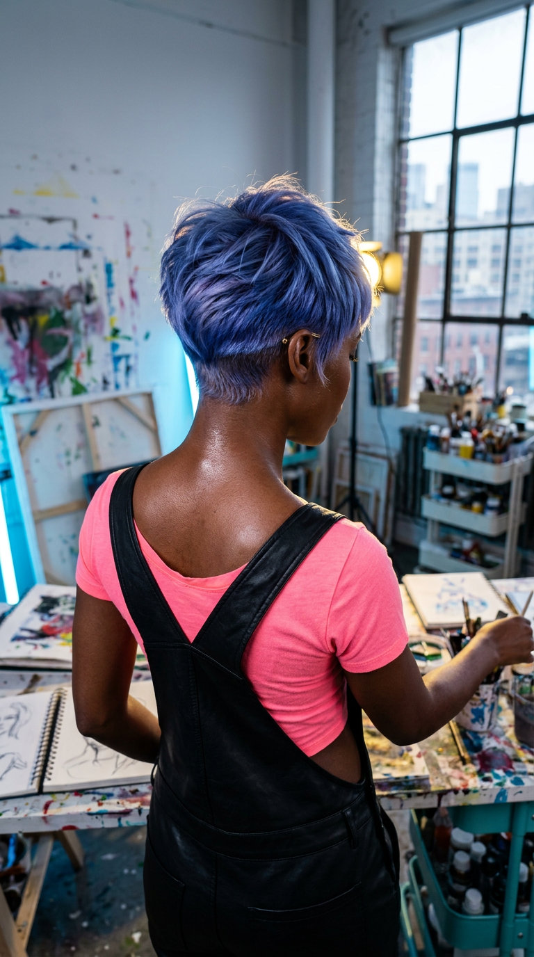 short sapphire blue pixie cut with violet undertones, razored texture for bold artistic wear