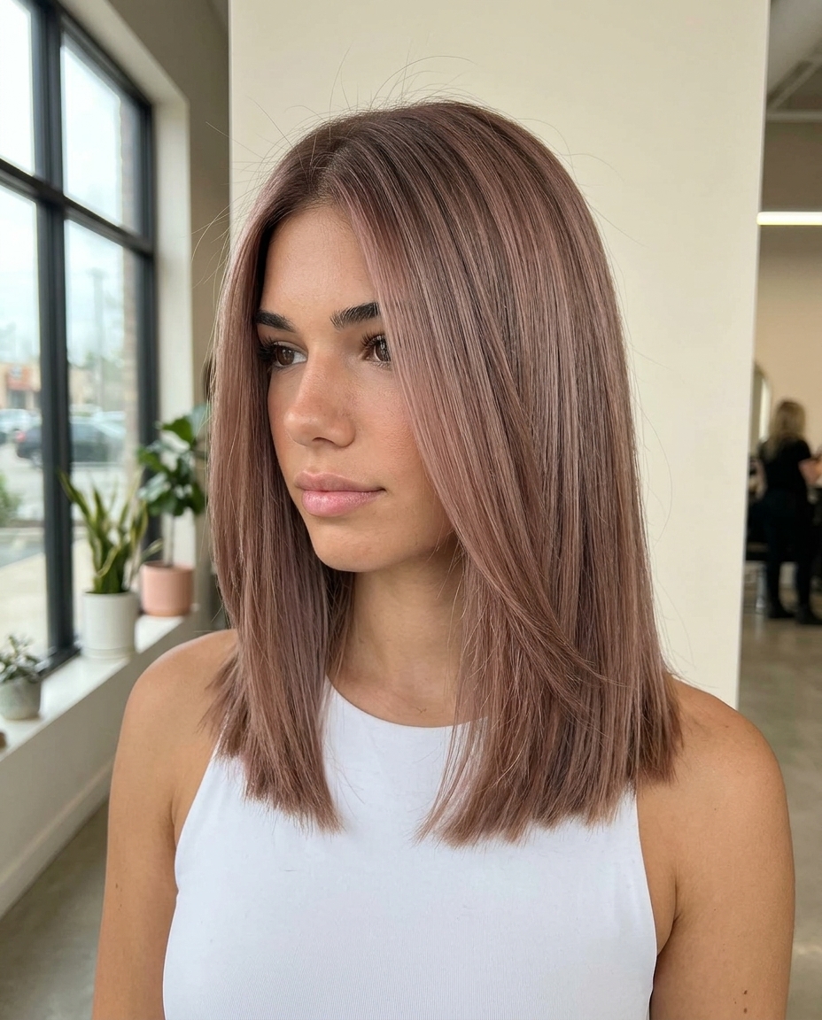 collarbone-length lob with sheer rose toner, blunt perimeter, and soft internal layers for a chic look