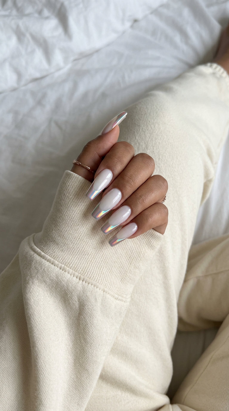 Chromatic Shoreline French Nails 2026 | Edgy Summer Glam Chromatic shoreline French tips for shell summer nails 2026. Edgy, futuristic glam for parties and festivals.