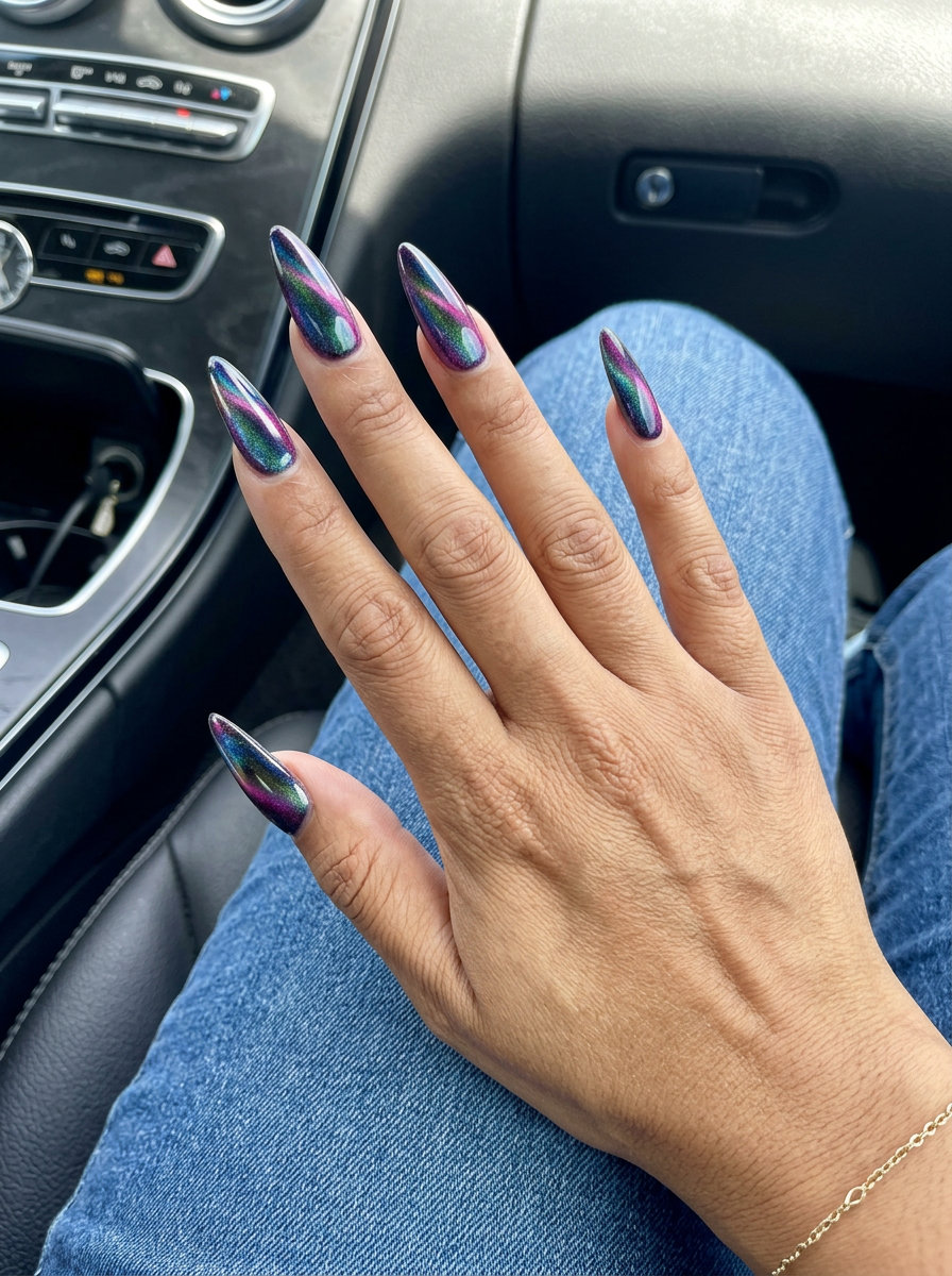 Iridescent Cat-Eye Siren Nails 2026 | Sultry Summer Nights Iridescent cat-eye siren nails for shell summer nails 2026. Sultry, enchanting look for parties.