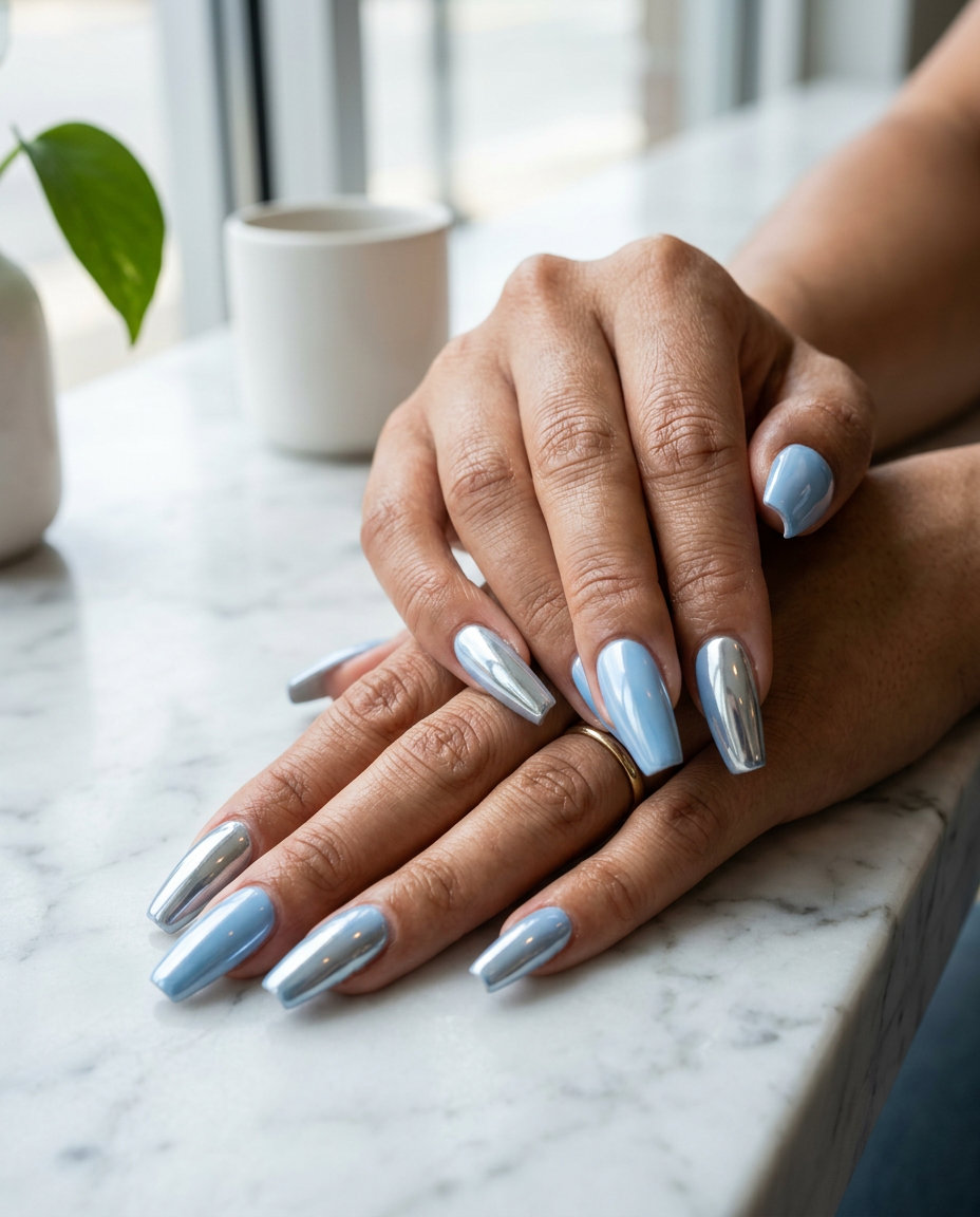 Shell Summer Nails 2026: Bold Blue Chrome Party Style Shell summer nails 2026: Futuristic light blue chrome mirror nails for parties and summer events.