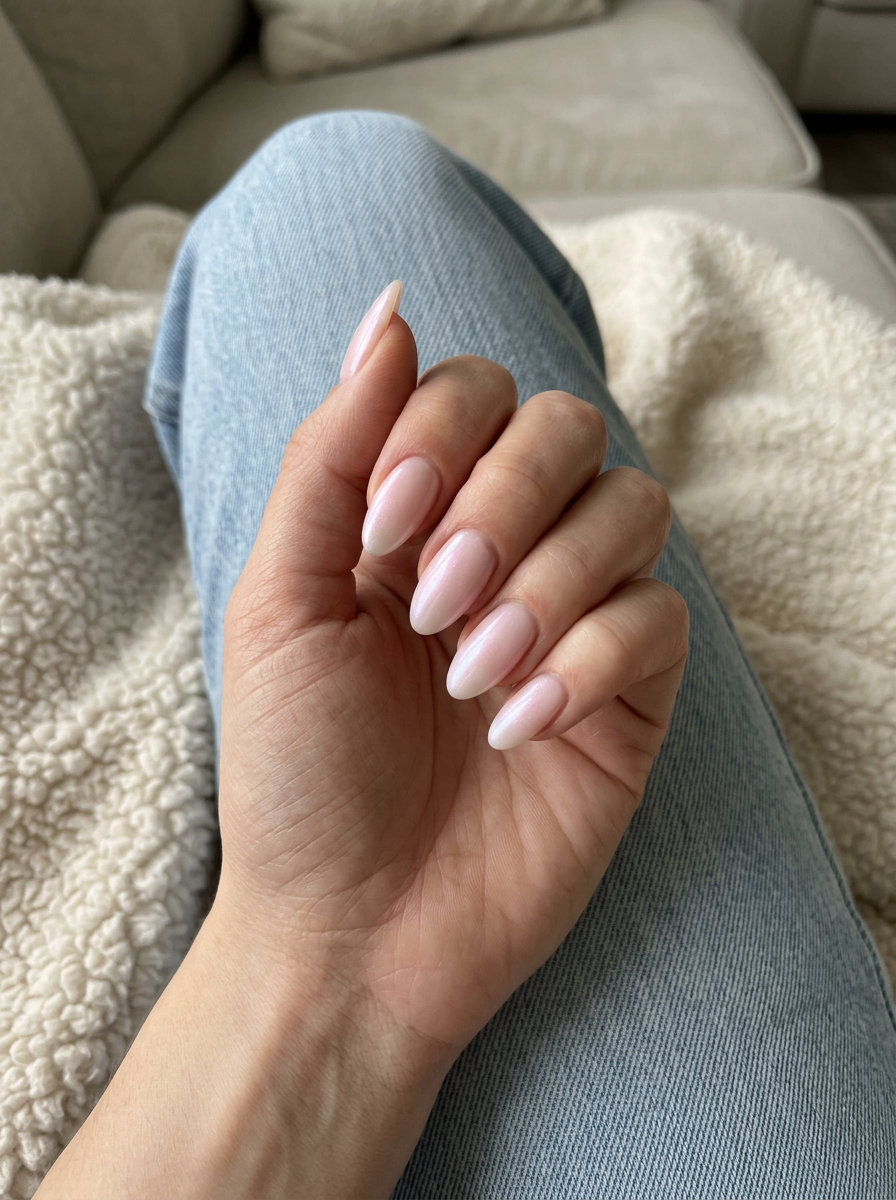 Shell Summer Nails 2026: Romantic Pink Wedding Guest Look Shell summer nails 2026: Romantic milky pink almond nails with diffused opalescent sheen for weddings.