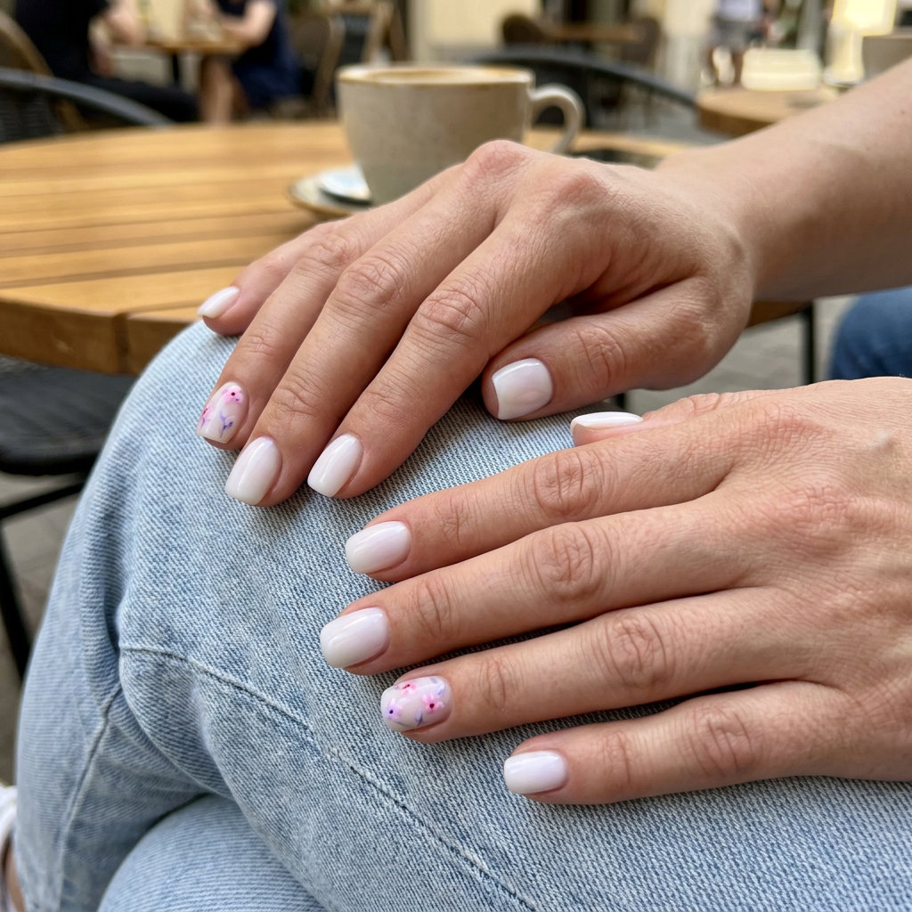 Seashell Nails 2026: Milky White Aura Garden Milky white aura seashell nails 2026: Ethereal design with subtle florals for daily wear or spring events.