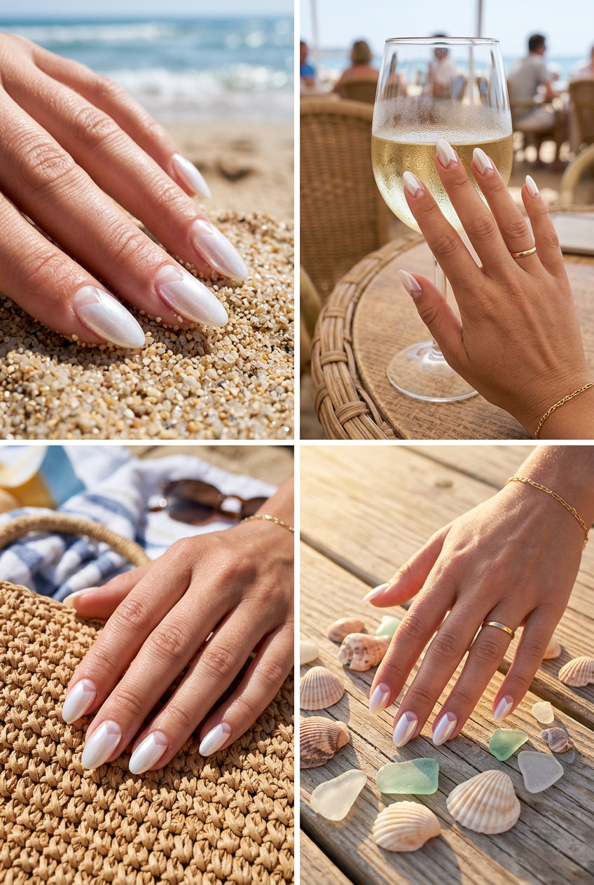 Seashell Nails 2026: Nacreous Negative Space Nacreous negative space seashell nails 2026: Minimalist clean sophisticated look with pearlescent sheen.