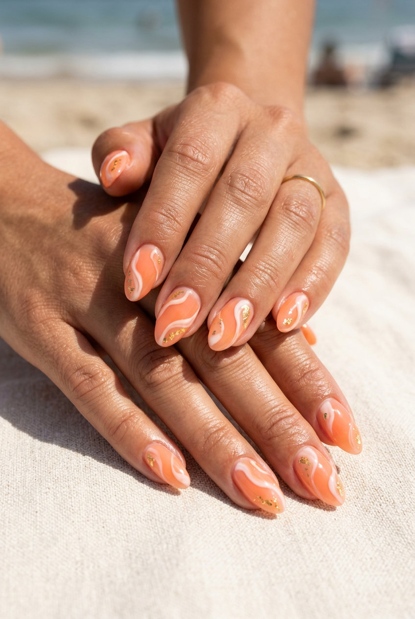 Shell Summer Nails 2026: Bohemian Peach Jelly Swirls Shell summer nails 2026: Artistic peach jelly swirl nails with gold accents for vacation.