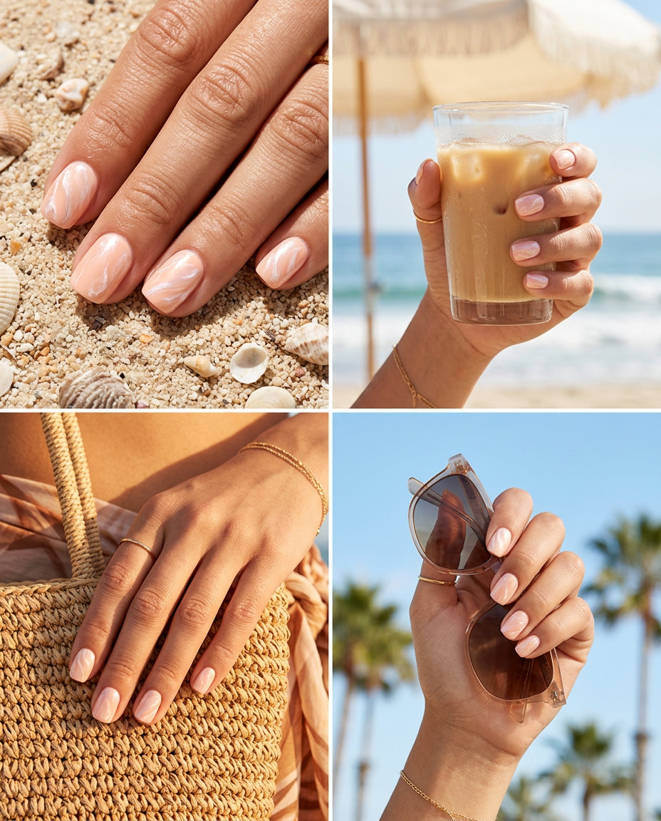 Seashell Nails 2026: Sunrise Peach Marble Sunrise peach marble seashell nails 2026: Bohemian warm art with pearlescent white veins for vacation.