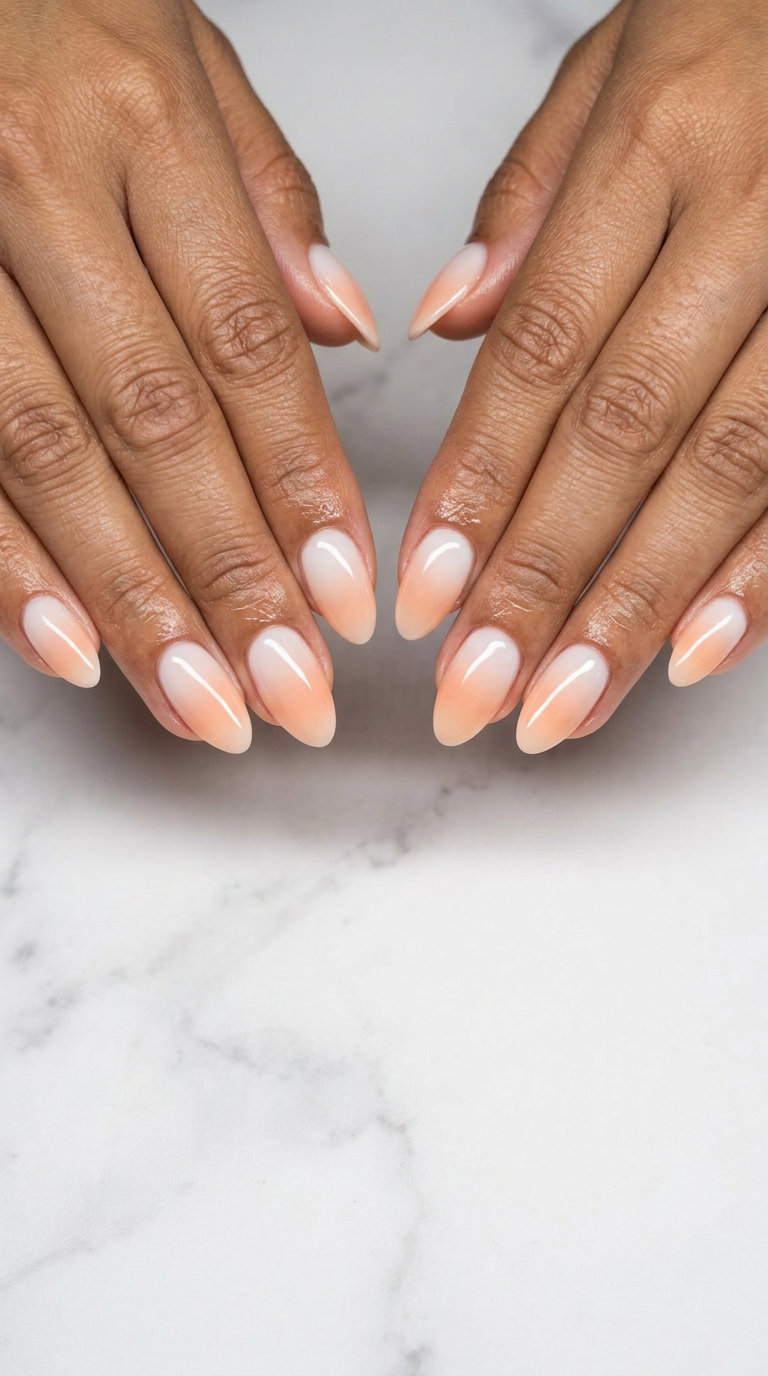 Seashell Nails 2026: Sunset Peach Milky Gradient Sunset peach milky gradient seashell nails 2026: Romantic soft warm look for vacation or everyday.