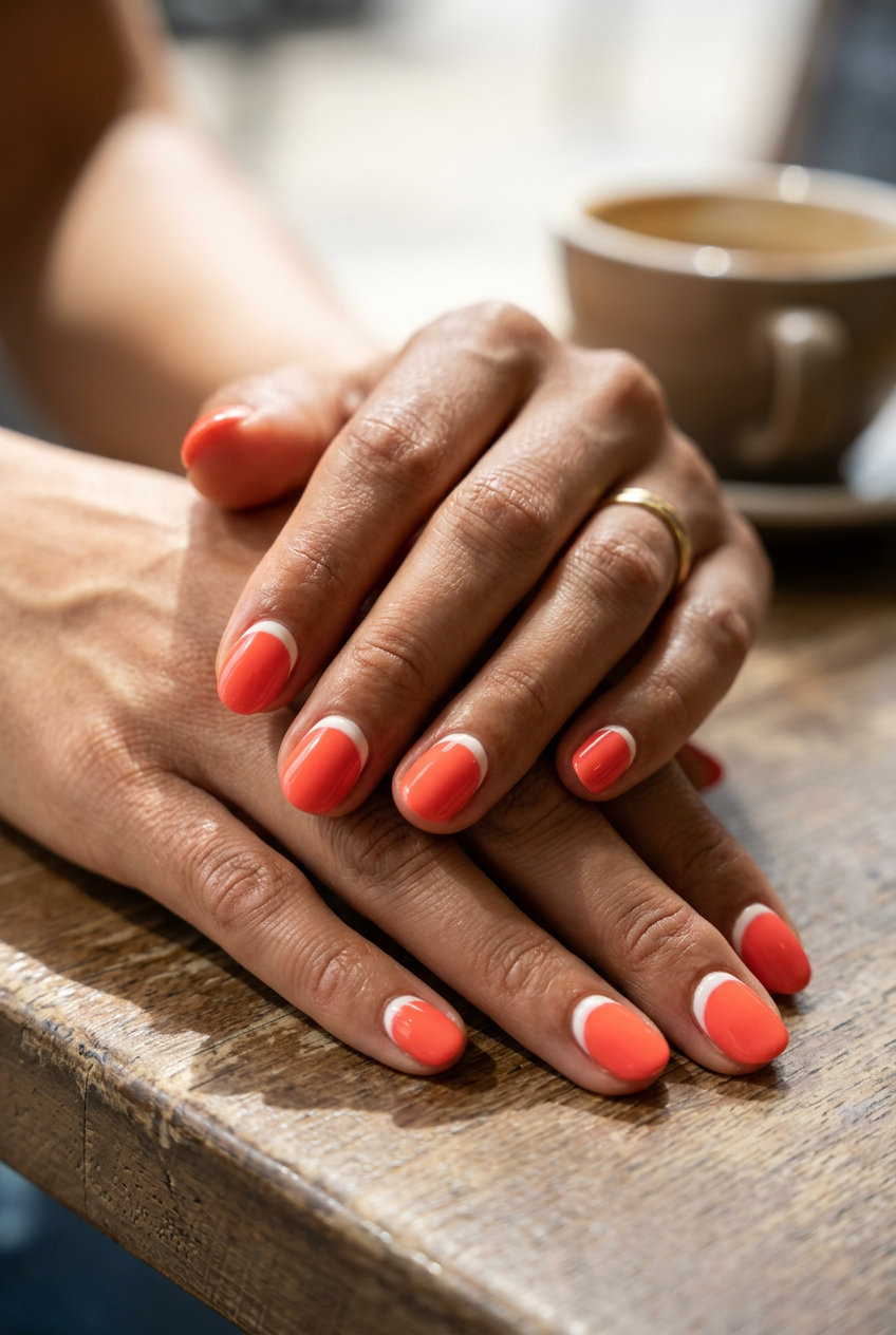 Short Oval Summer Nails 2026: Coral Reverse French Short oval summer nails 2026: Bright Coral Reverse French Tip for a sultry date night or summer event.