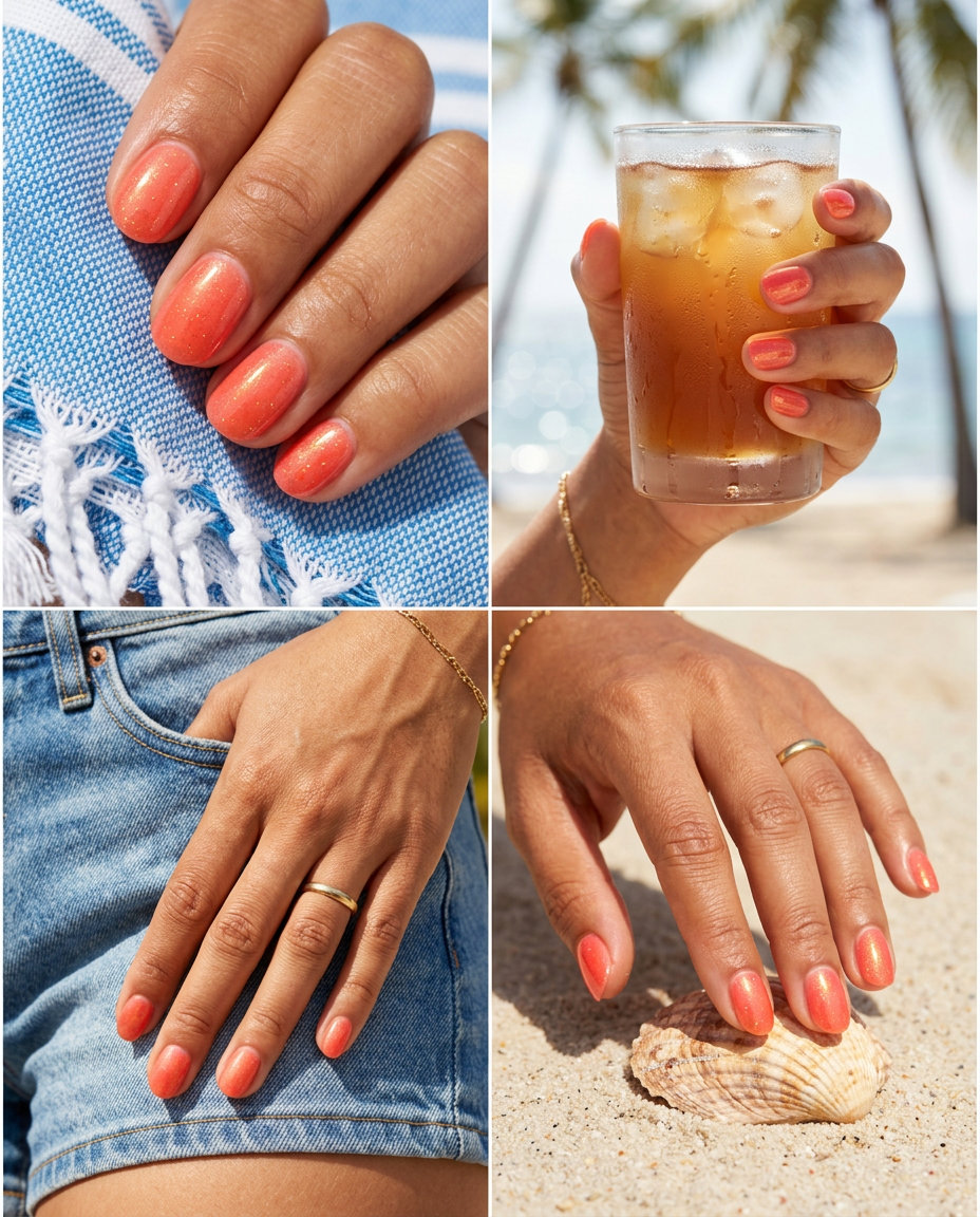 Short Oval Summer Nails 2026: Coral Shimmer Nails Short oval summer nails 2026: Sun-Kissed Coral Shimmer for a radiant vacation or summer party look.