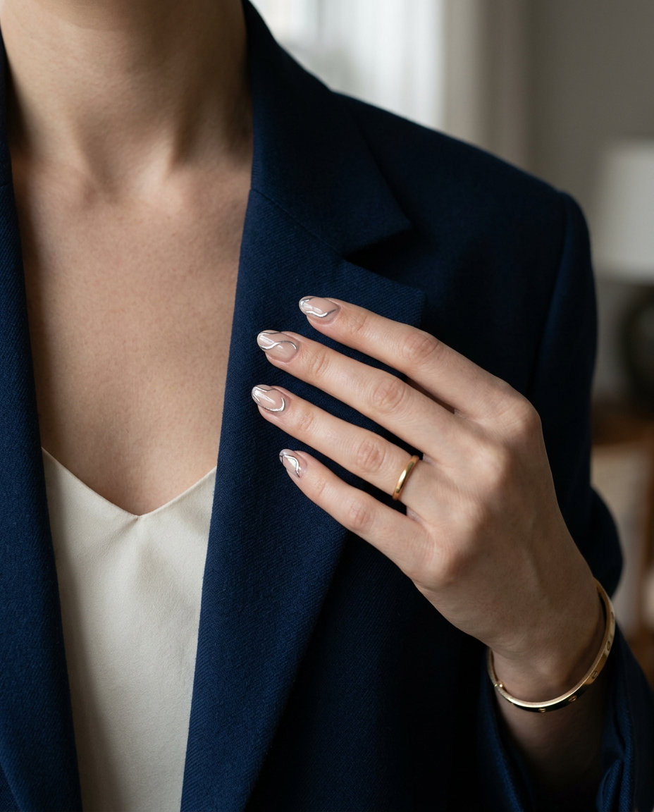 Short Oval Summer Nails 2026: Futuristic Party Style Short oval summer nails 2026: Sheer nude with metallic silver abstract lines for a futuristic party look.