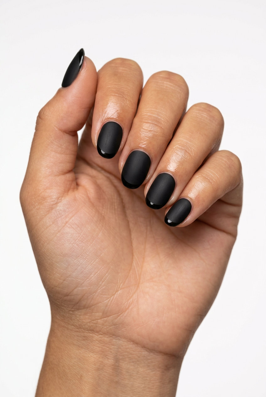 Matte Black Micro French Nails 2026 Short oval summer nails 2026: Matte black with glossy black micro French tips. Edgy for parties.