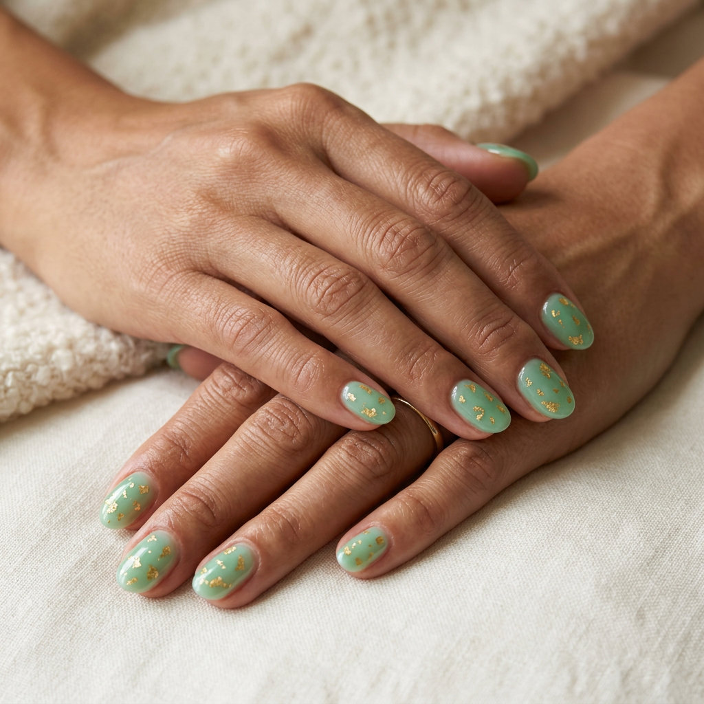 Short Oval Summer Nails 2026: Festival Jelly Gold Short oval summer nails 2026: Sheer mint jelly with scattered gold flakes for a playful festival vibe.