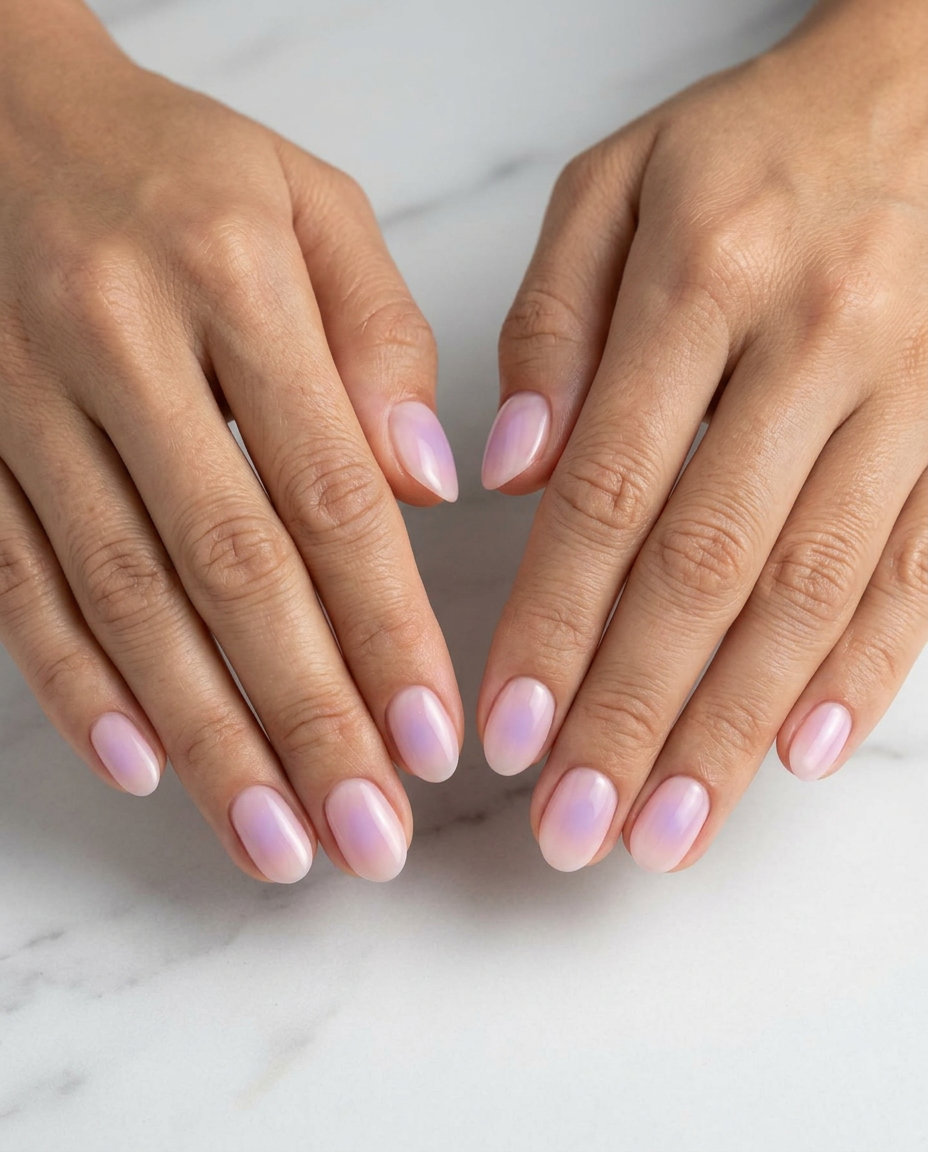 Short oval summer nails 2026: Romantic sheer pink with diffused lavender aura. Ethereal for date night.