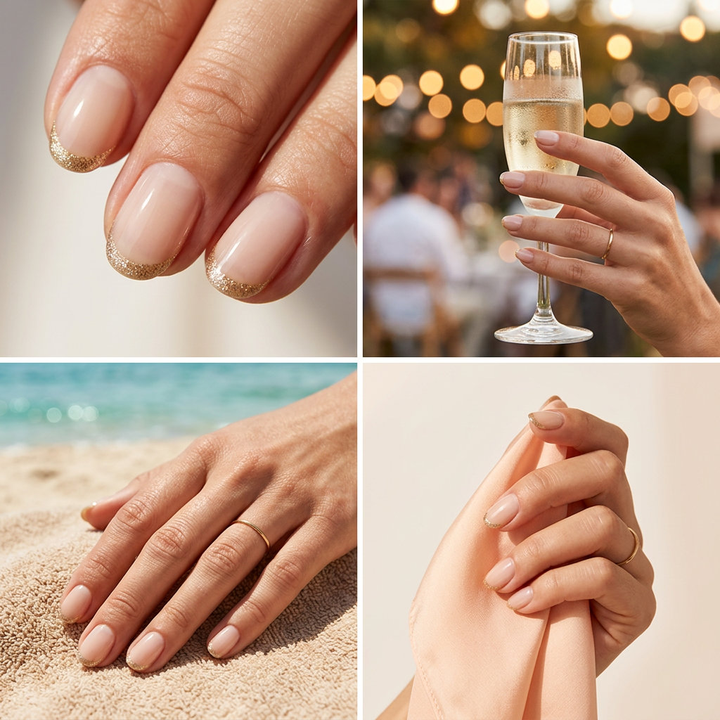 Short Oval Summer Nails 2026: Glamorous Glitter French Short oval summer nails 2026: Nude glitter French tip for a glamorous summer party or date night.