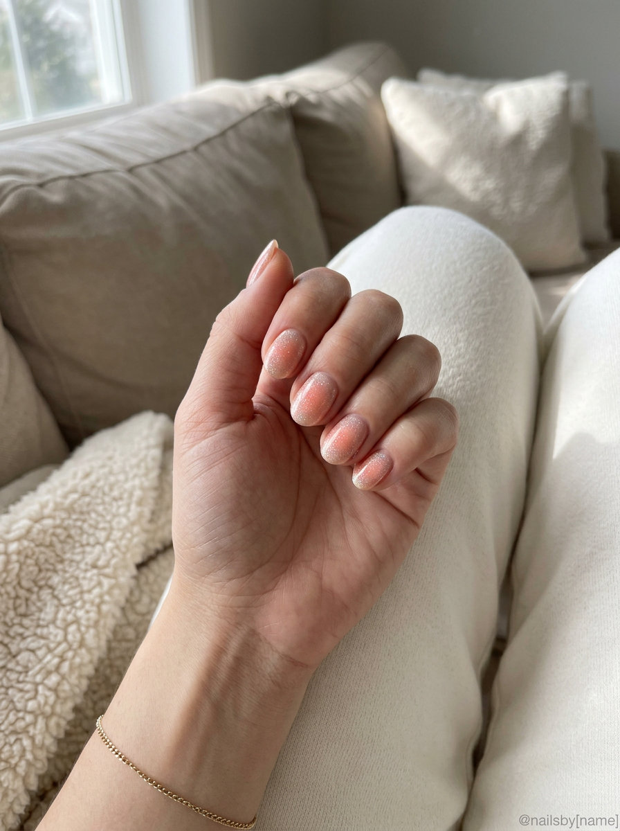 Short Oval Summer Nails 2026: Peach Aura Shimmer Short oval summer nails 2026: Glimmering Peach Aura for a whimsical festival or vacation look.