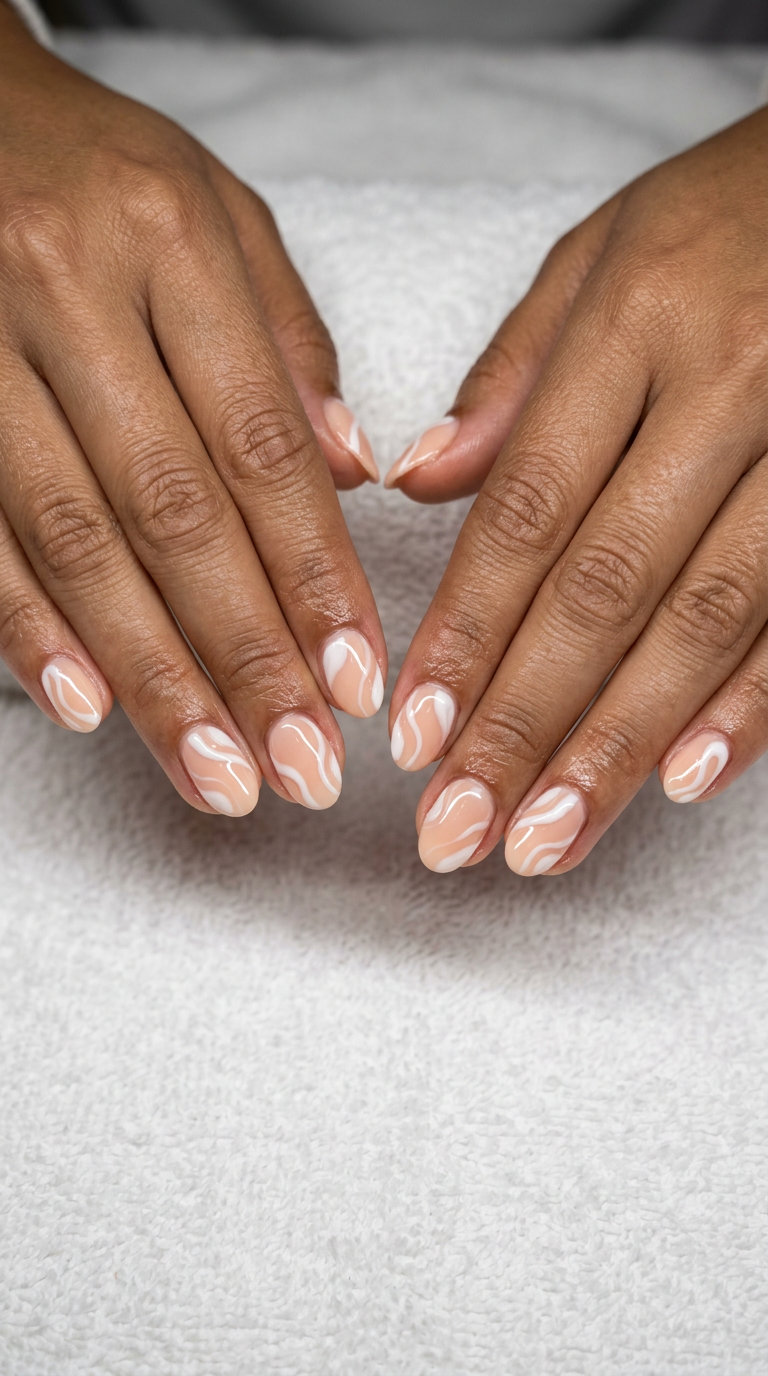 Summer Swirl Delight Nails 2026 Short oval summer nails 2026: Milky peach with playful white abstract swirls. Fun for vacation & weekend.