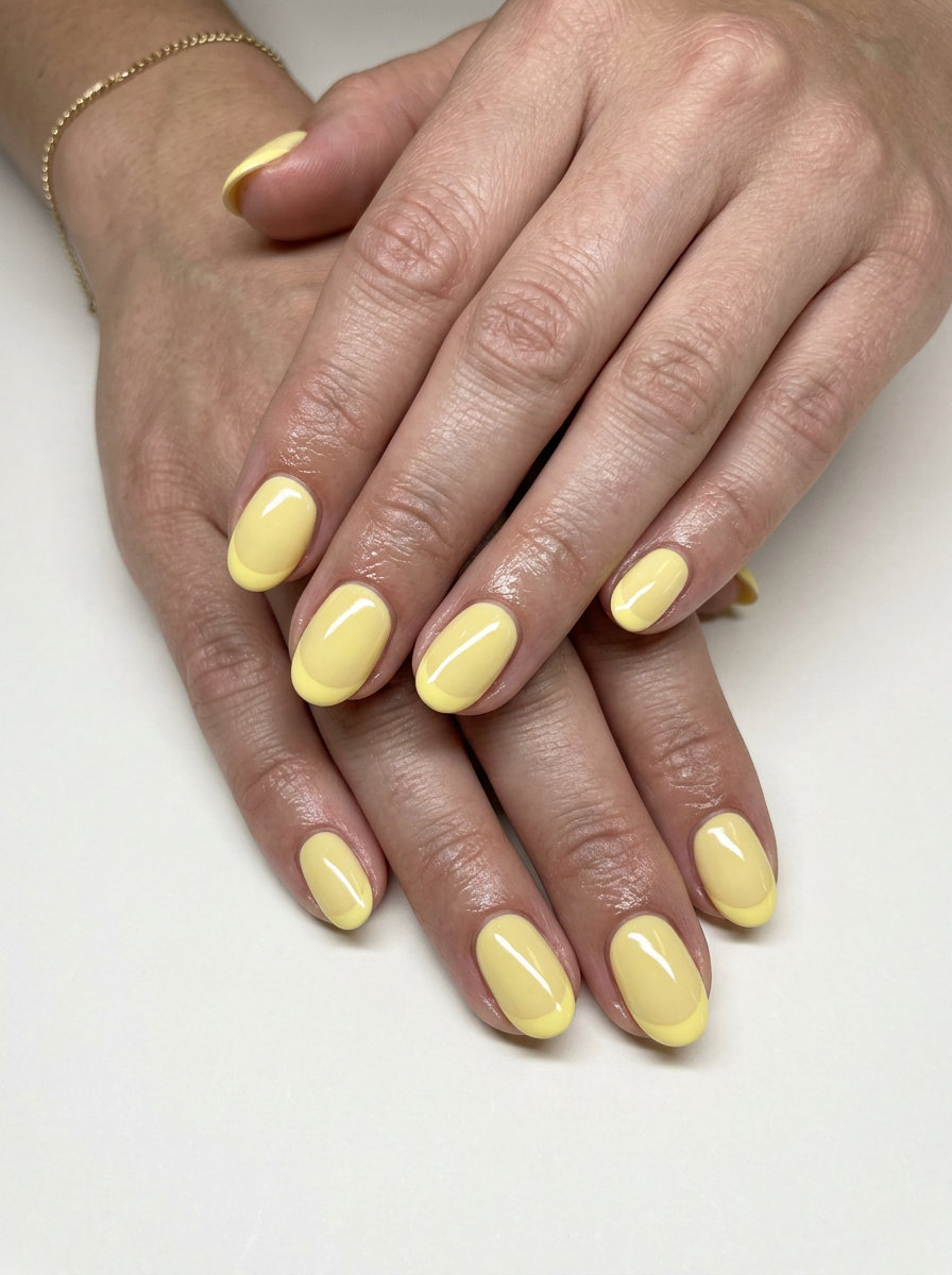 Short Oval Summer Nails 2026: Cheerful Pastel Yellow French Short oval summer nails 2026: Pale yellow French tip for a cheerful casual outing or picnic.