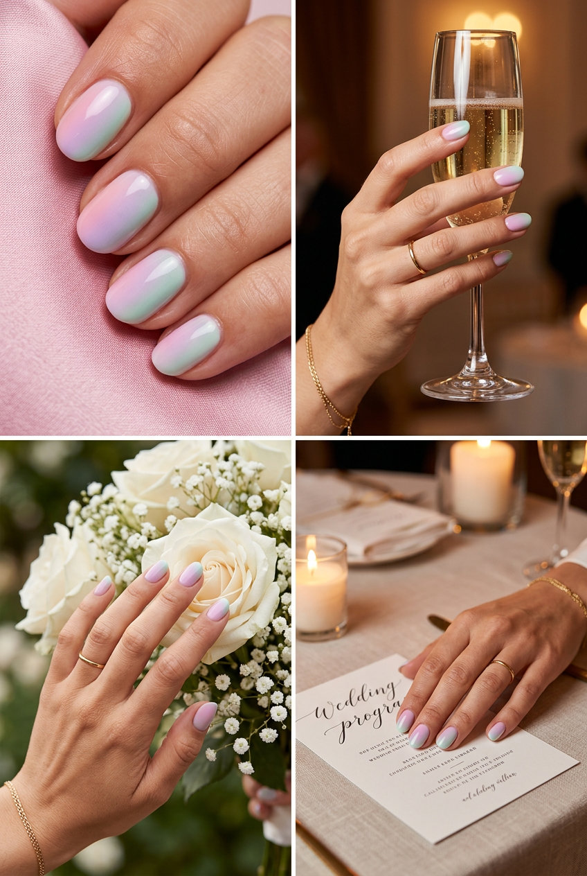 Short Oval Summer Nails 2026: Romantic Airbrush Sunset Short oval summer nails 2026: Pastel pink, lilac, mint green airbrush gradient for a romantic event.