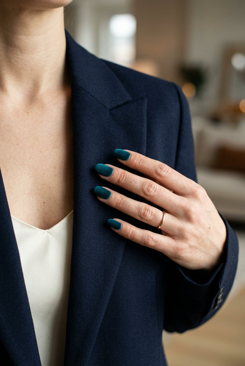 Velvet Teal Elegance Nails 2026 Short oval summer nails 2026: Deep teal with velvet matte finish. Elegant for formal events.