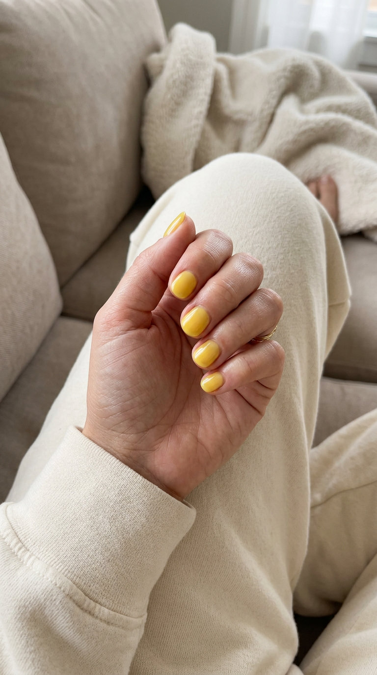 Short round summer nails 2026: Bright butter yellow jelly solid. Energetic & playful for vacations.