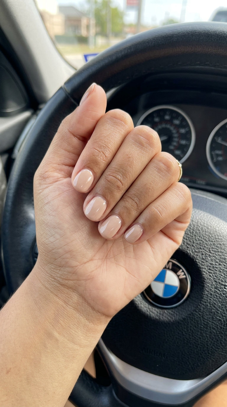 Sophisticated opaque nude short round summer nails 2026 with a high-gloss finish for work or daily chic.