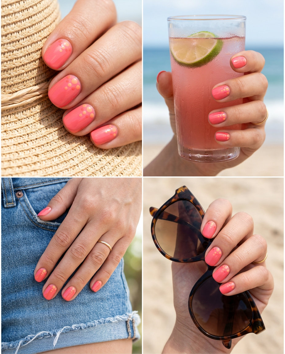 Short round summer nails 2026: Gradient dot coral pink. Whimsical & playful for parties.