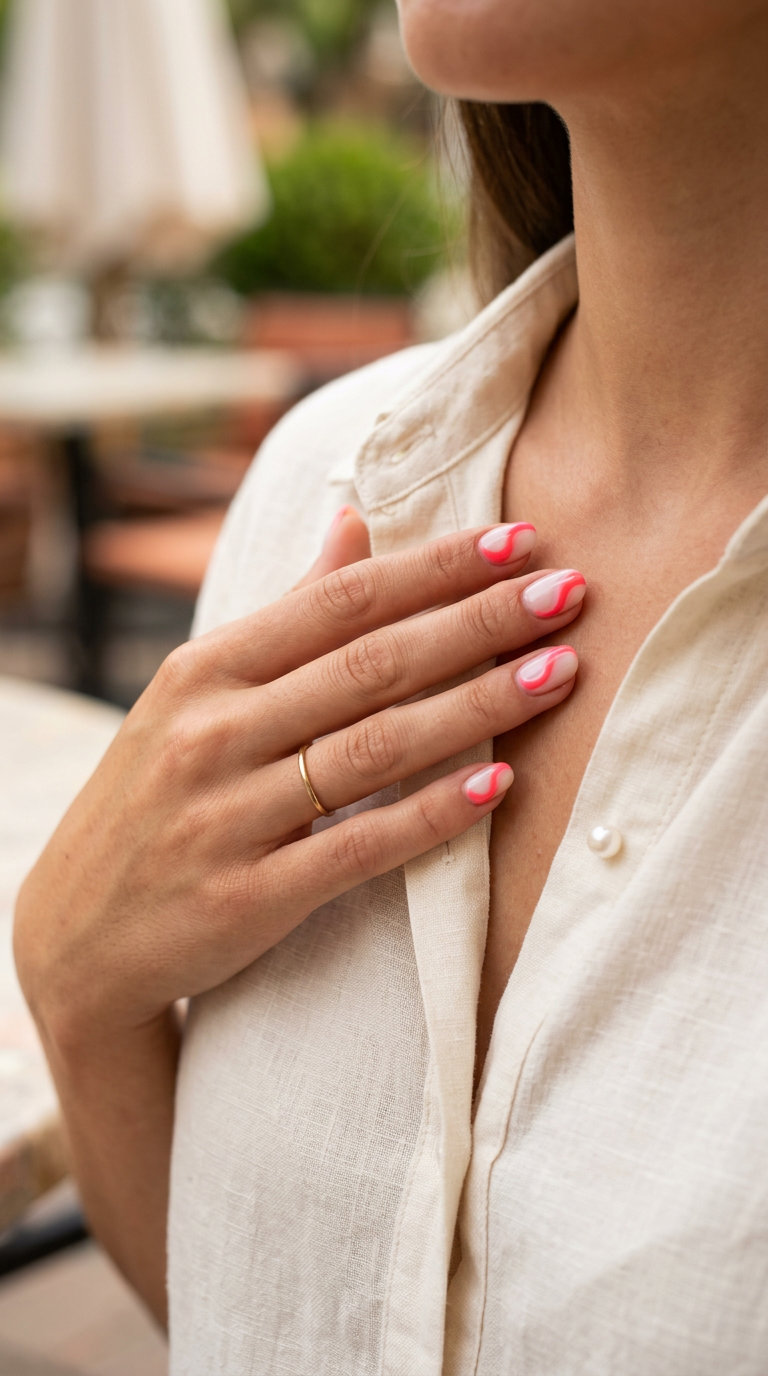 Short round summer nails 2026: Coral pink abstract swirls. Bohemian & artistic for vacations.