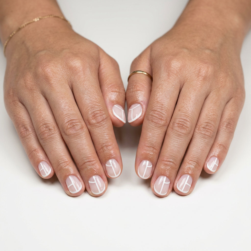Geometric White Negative Space short round summer nails 2026 for minimalist chic work style.