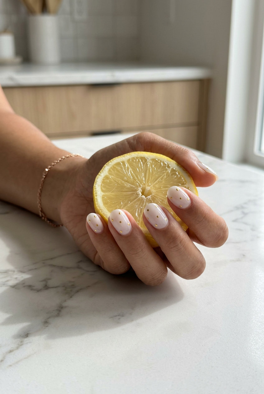 Gilded Summer Dots short round summer nails 2026 for parties and casual chic.